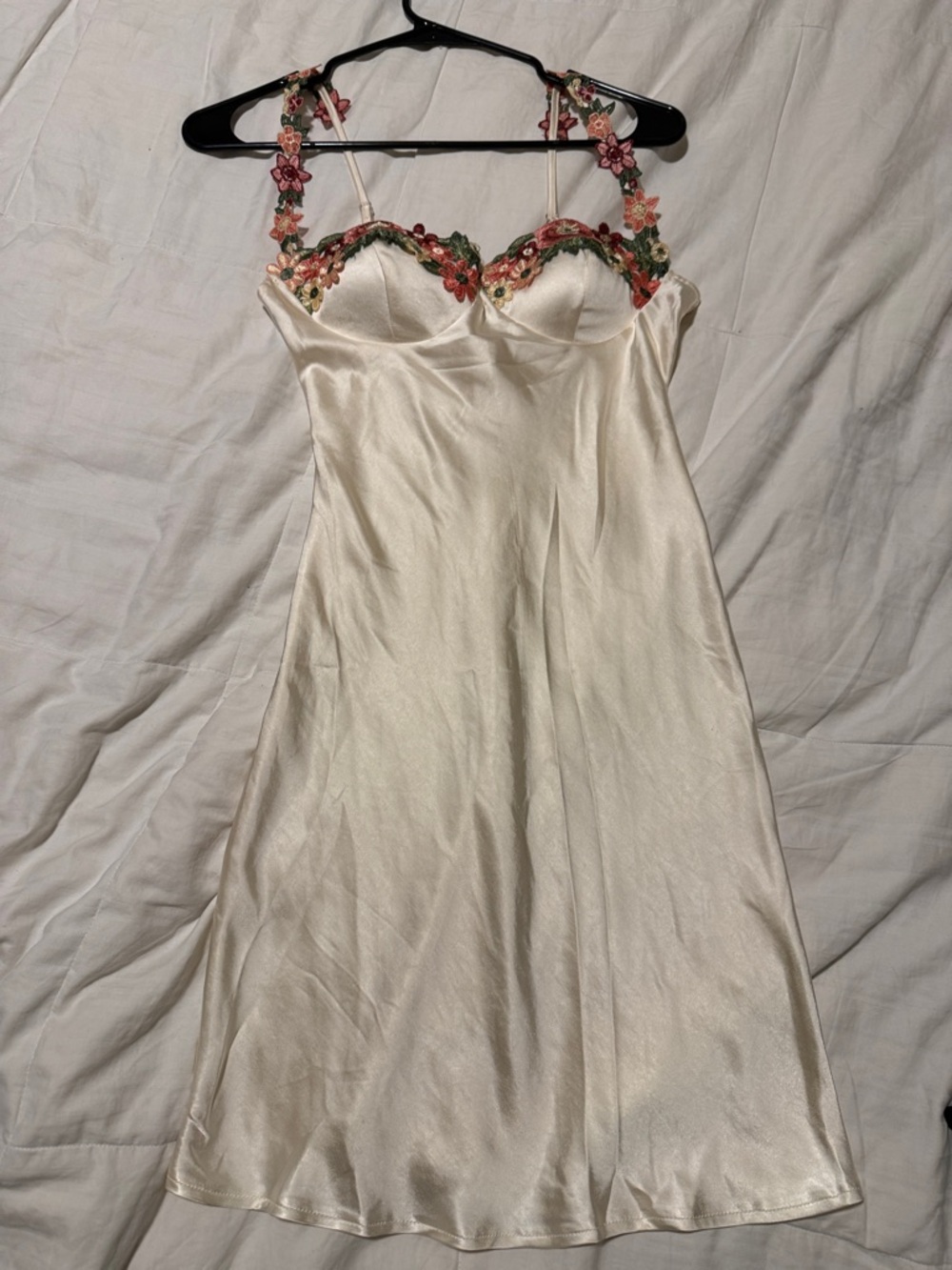 Elegant Ivory Satin Midi Dress with Floral Embroidery